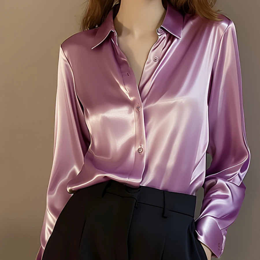 SUYISODA Women's Casual Satin Shirt - Office Lady Style with Button Decoration & Turn-down Collar