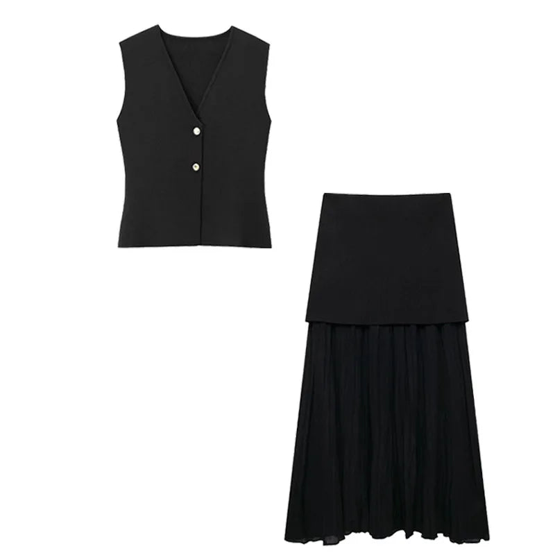 TRAFZA Women’s V-Neck Pleated Maxi Dress – Ankle-Length with Decorative Buttons for Autumn/Winter