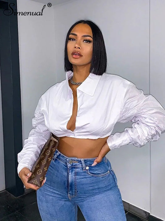 Simenual Women’s Streetwear Casual Shirt with Puff Sleeves – Slim Fit, Solid Pattern, Single Button Closure