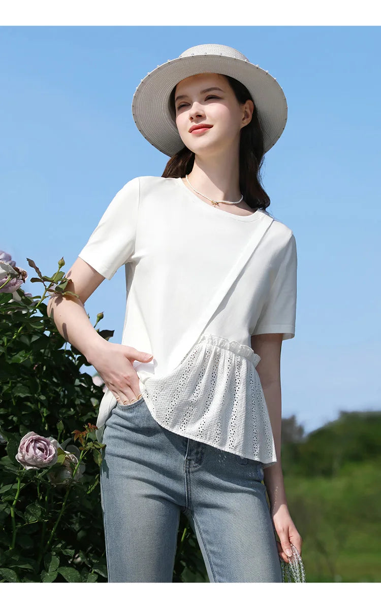 Summer New T-shirts For Women 2024 Spliced Hollow Out Pleated Short-sleeve Casual Fashion Female Blouse 2242015652