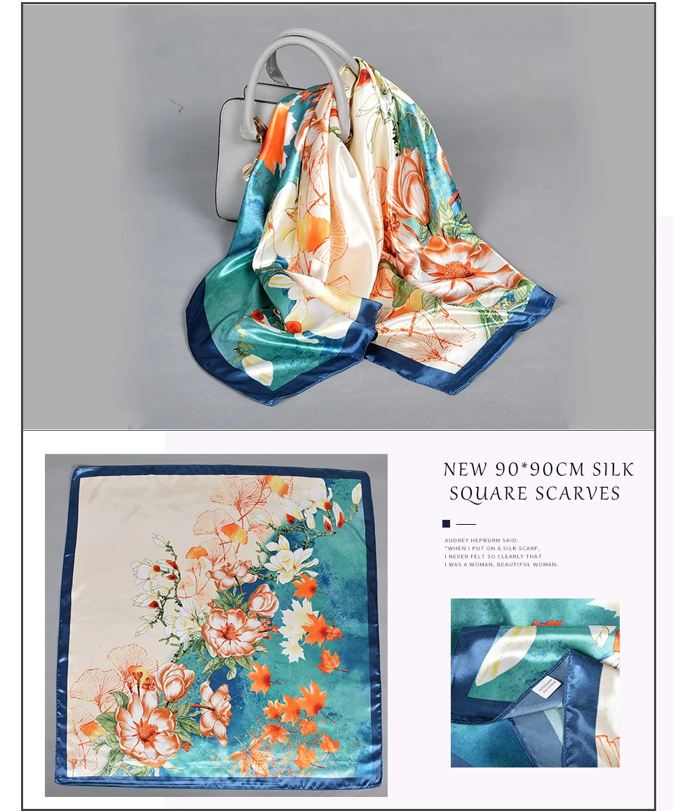 BYSIFA Fashionable Women’s Floral Print Satin Square Scarf – Stylish and Multifunctional for All Seasons