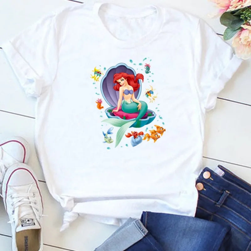 MINISO Women's Casual Cartoon Appliqué O-Neck Polyester T-Shirt for Spring/Summer