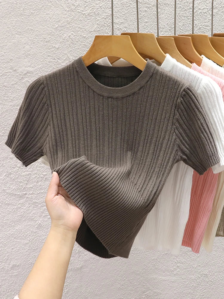 2025 Summer T shirts for Women Casual Korean Knit Streetwear Basic Solid Young Cool Tops