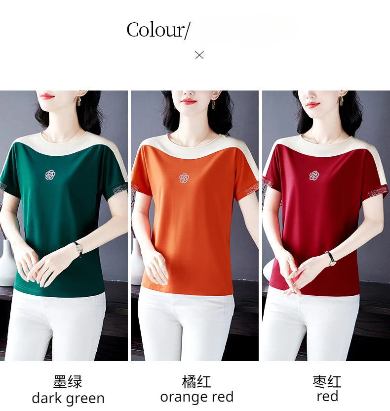 Moeroshe Women's Casual Patchwork O-Neck Tee - Cotton, Classic Style, Summer 2024 Release