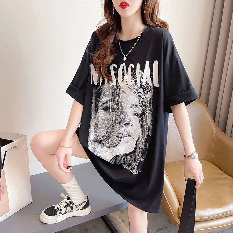 Shangkaka Women’s Casual Letter Print T-Shirt – Cotton Polyester Blend | Loose Fit, O-Neck, Half Sleeve | Summer 2025