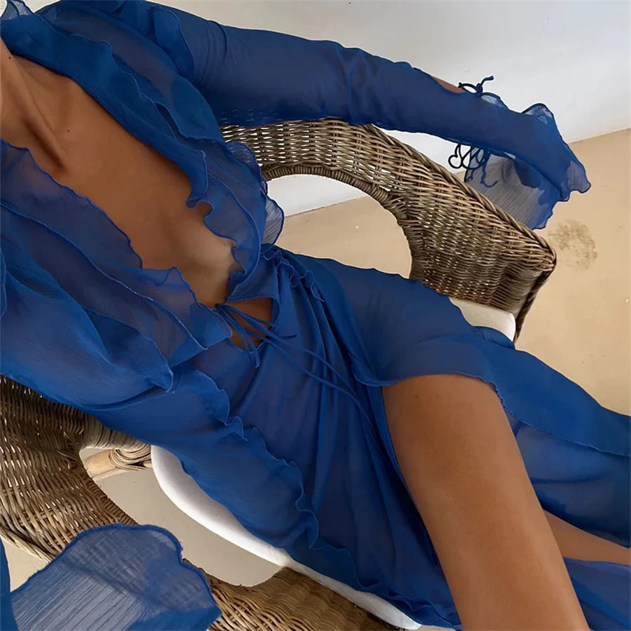 ይመልከቱ-በ Ruffles V የአንገት ማሰሪያ የባህር ዳርቻ ረጅም ቀሚስ የበጋ ሴክሲ የቢኪኒ ሽፋን-አፕ ረጅም እጅጌ ከፍ ያለ የተከፈለ የሄም ሜሽ ቀሚስ