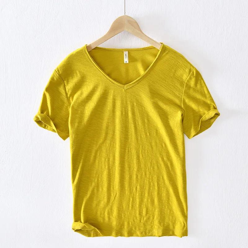 FAVOCENT Men’s V-Neck Bamboo Fiber Cotton-Polyester Casual Tee – Comfortable & Stylish for Summer