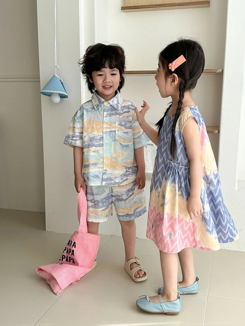 MILANCEL Unisex Summer Patchwork Clothing Set for Kids (Ages 4–6Y) – Cotton Shirt and Shorts Vacation Outfit