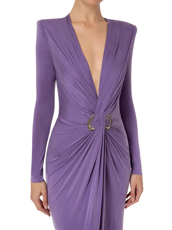 UOOZEE Women’s V-Neck Ankle-Length Sheath Dress with Folds – Slim Fit, X-Shape, Empire Waist, Zipper Closure