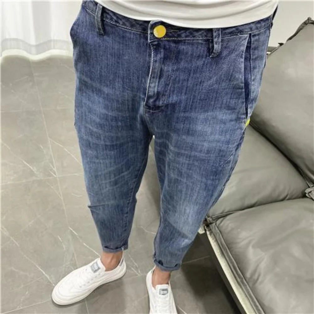 NoEnName Men’s Slim Fit Solid Denim Jeans-Mid-Waist, Pencil Pants for Spring & Autumn