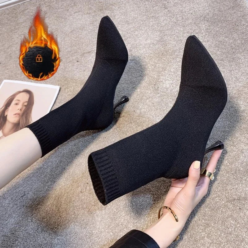 HKWZ Women's Mid-Calf Sock Boots – High Thin Heel, Stretch Fabric, Air Mesh, and Pointed Toe