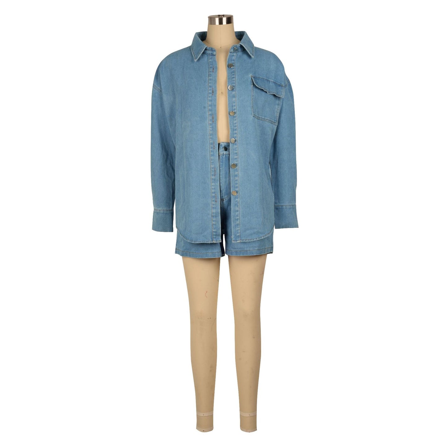 DUTRIEUX Safari Style Slim Fit Denim Shorts Set for Women - Turn-Down Collar, Full Sleeve, Mercerised Denim