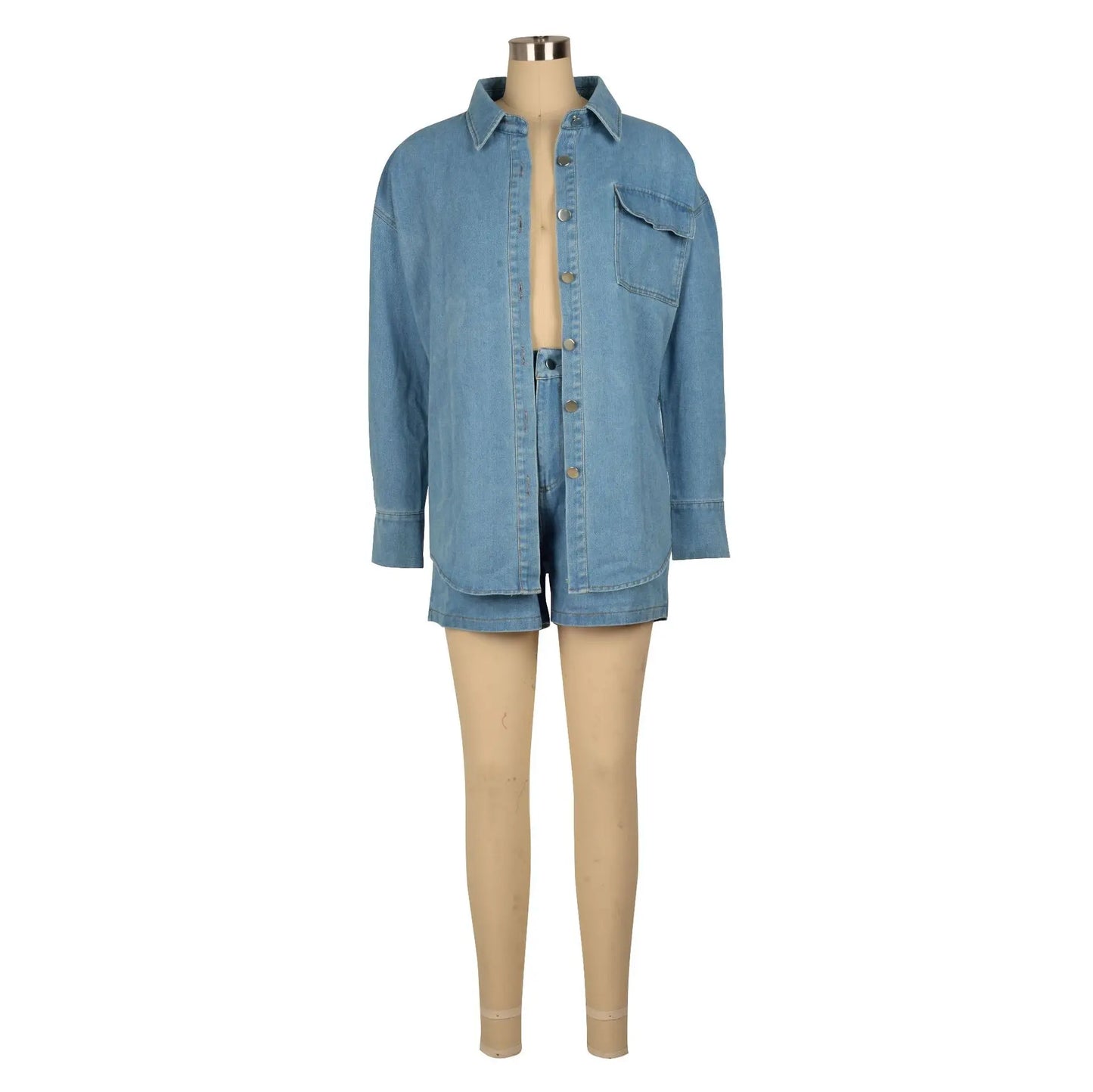 DUTRIEUX Safari Style Slim Fit Denim Shorts Set for Women - Turn-Down Collar, Full Sleeve, Mercerised Denim