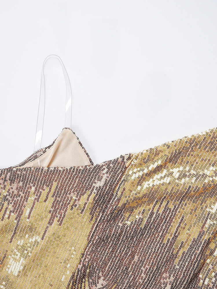 NoEnName_Null Women's Asymmetrical Sequin A-Line Floor-Length Dress – Slim Fit, High Stretch, All-Season Polyester