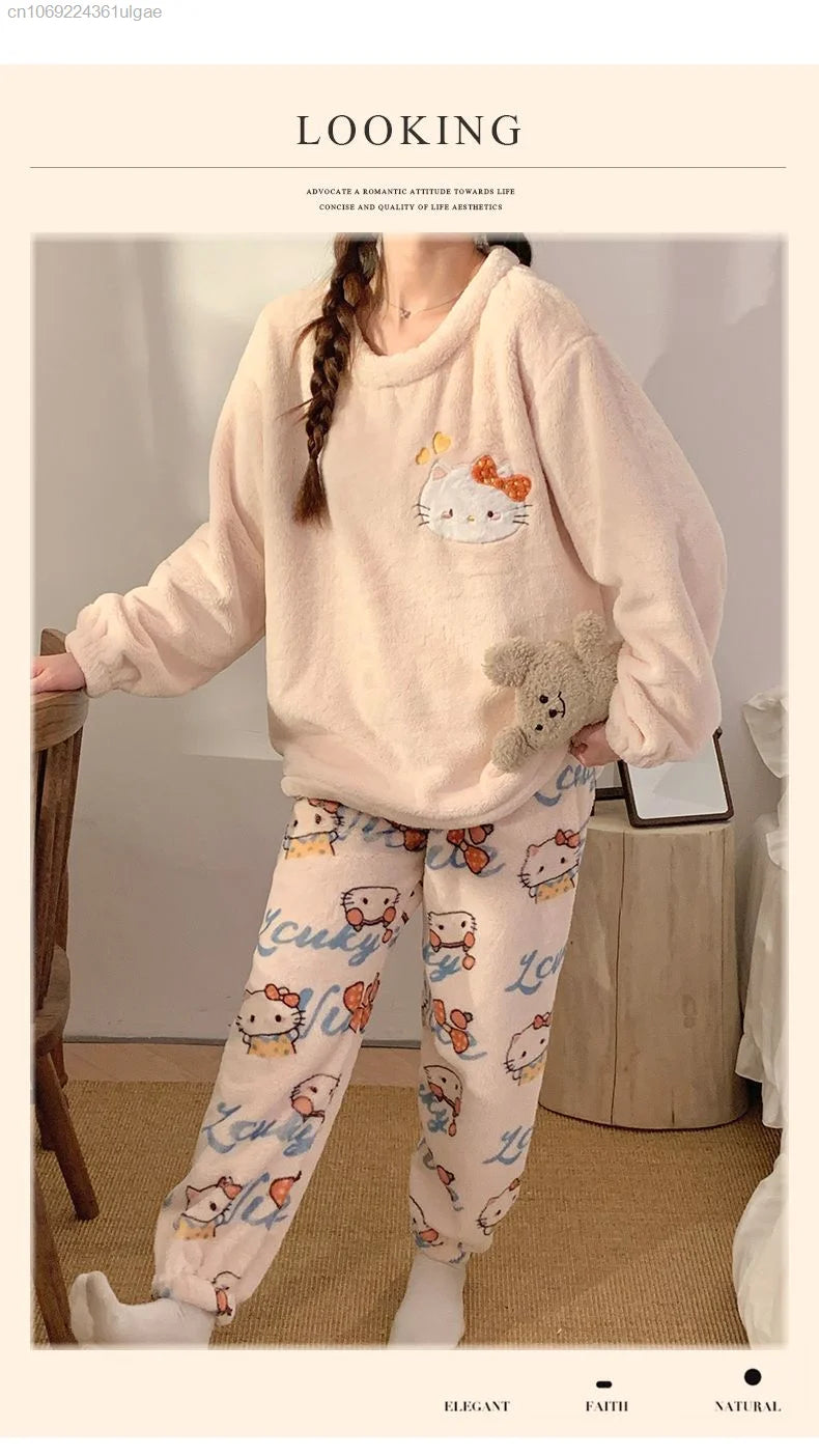 MINISO Korean Style Women's Autumn/Winter Hello Kitty Cartoon Fleece Pullover & Ankle-Length Sleepwear Set