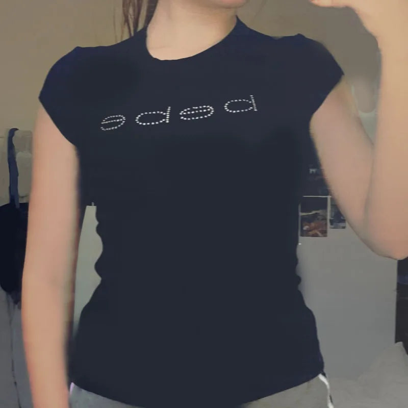 Rhinestone Letter Print Crop Top for Women – Y2K Bling Summer Casual Te