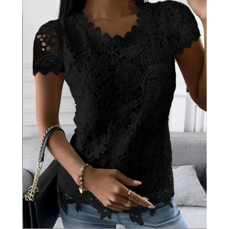 Women's Lace-Decorated Casual Tee – Spring/Summer Regular Fit Top by NoEnName_Null