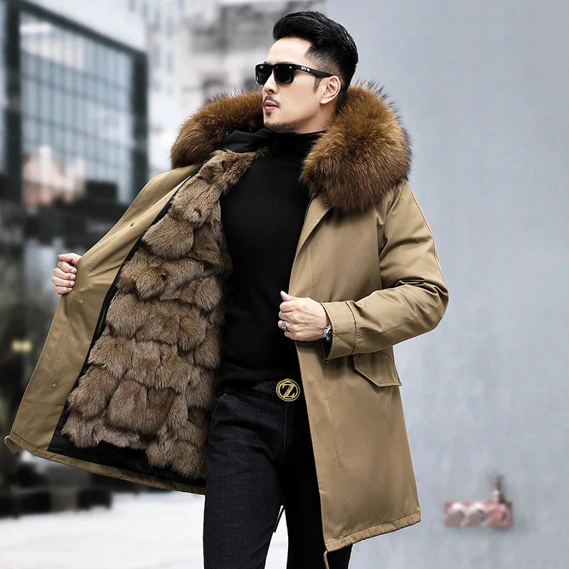 FURTJY Men's High Street Winter Coat – Real Fox Fur Lining, Raccoon Fur Collar, Zipper Closure, Casual Slim Fit