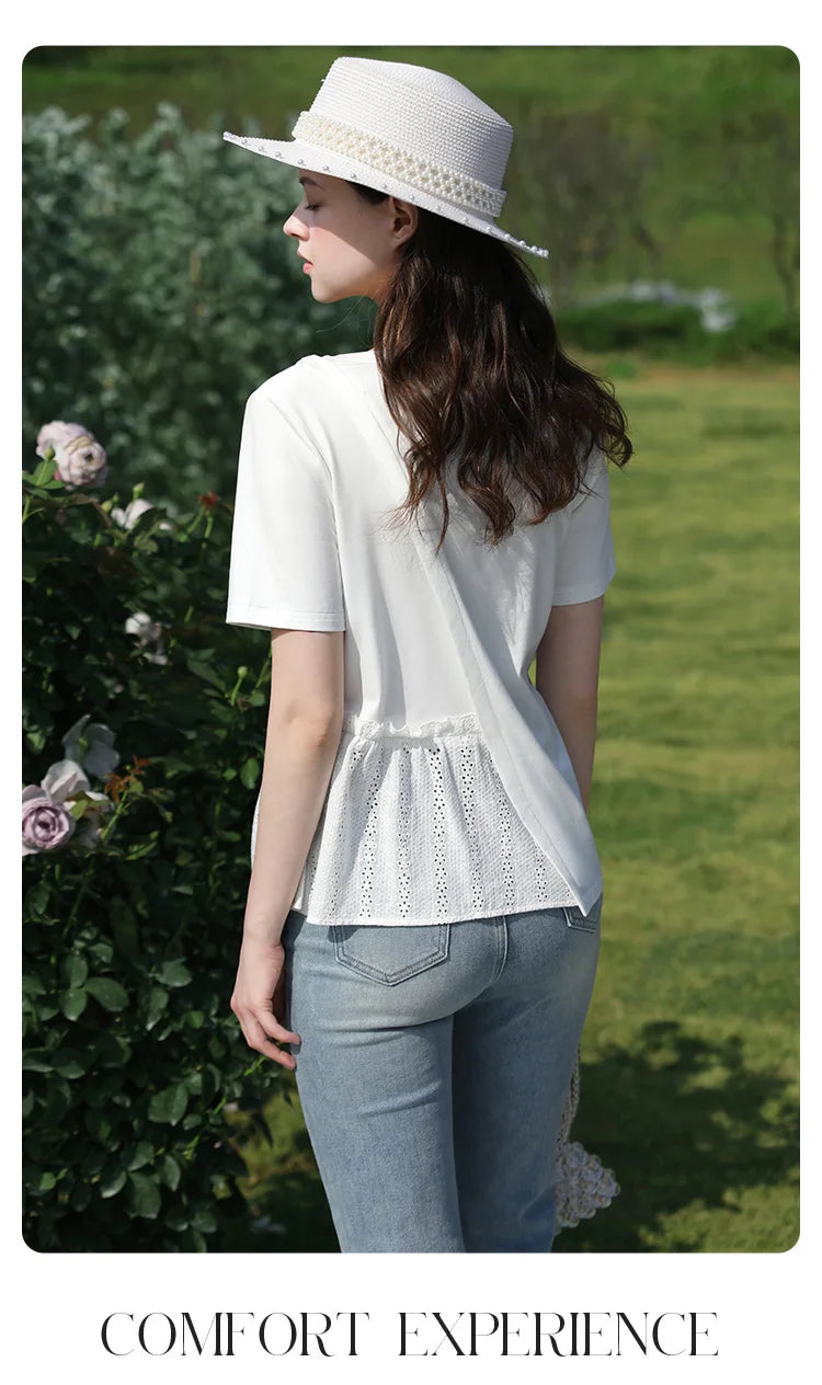 Summer New T-shirts For Women 2024 Spliced Hollow Out Pleated Short-sleeve Casual Fashion Female Blouse 2242015652