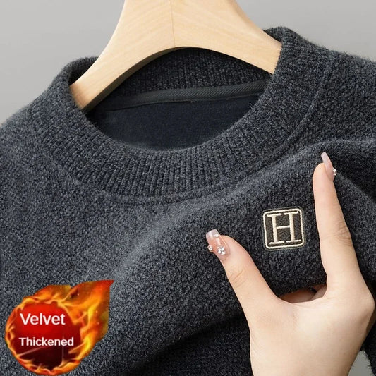 Autumn Winter Warm Fleece Men Sweater - Casual Pullover with Embroidery