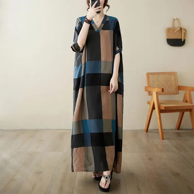 Boho Floral Cotton-Linen Summer Dress for Women – Ankle-Length, Loose Fit, O-Neck