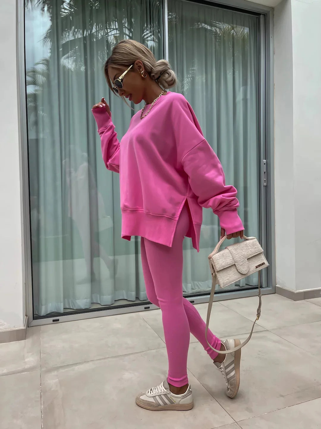 NoEnName_Null Women's Casual Pullover Set - Solid Color, Mid Waist, Full Sleeve - Autumn/Winter 2024