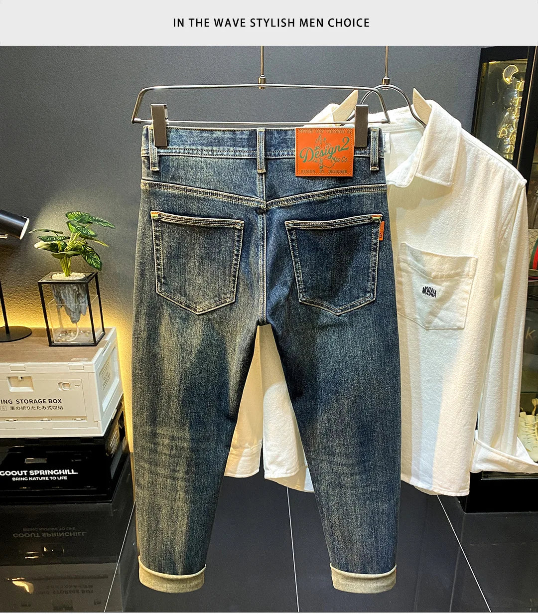 MXKSKV Men’s Slim Fit Straight-Leg Jeans. Distressed Stonewashed Denim with Badge Detail