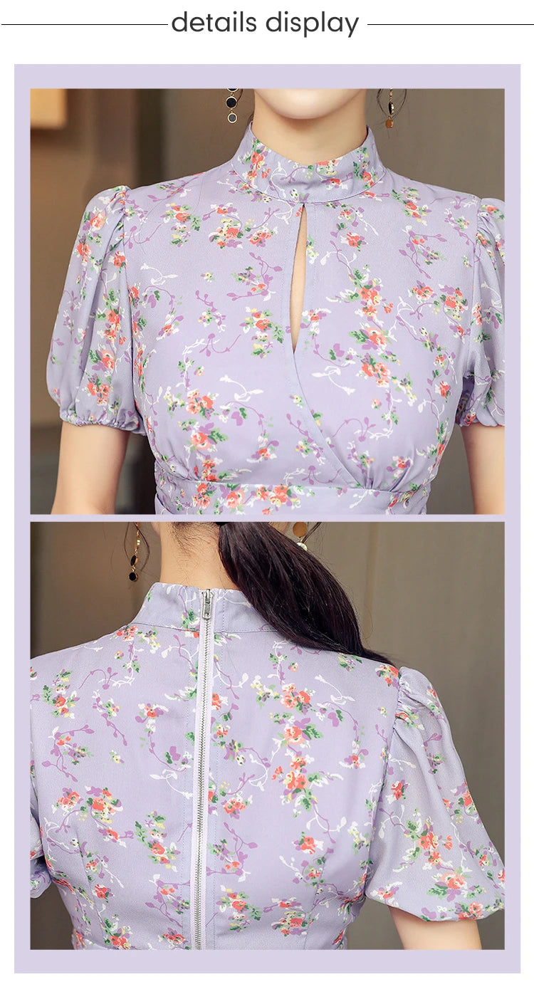 MingJieBiHuo Women's Sweet Asymmetrical Print Dress with Puff Sleeves – Summer Collection