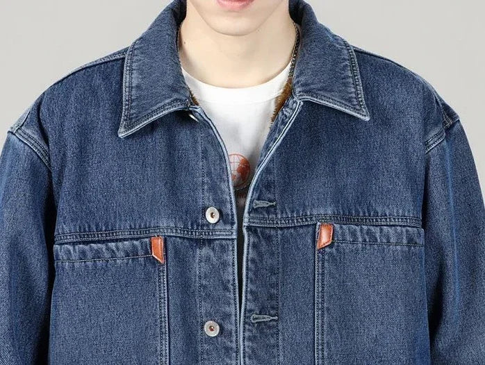 Shangkaka Men's Winter Denim Jacket – Japan Style with Patchwork Design and Detachable Lower Edge