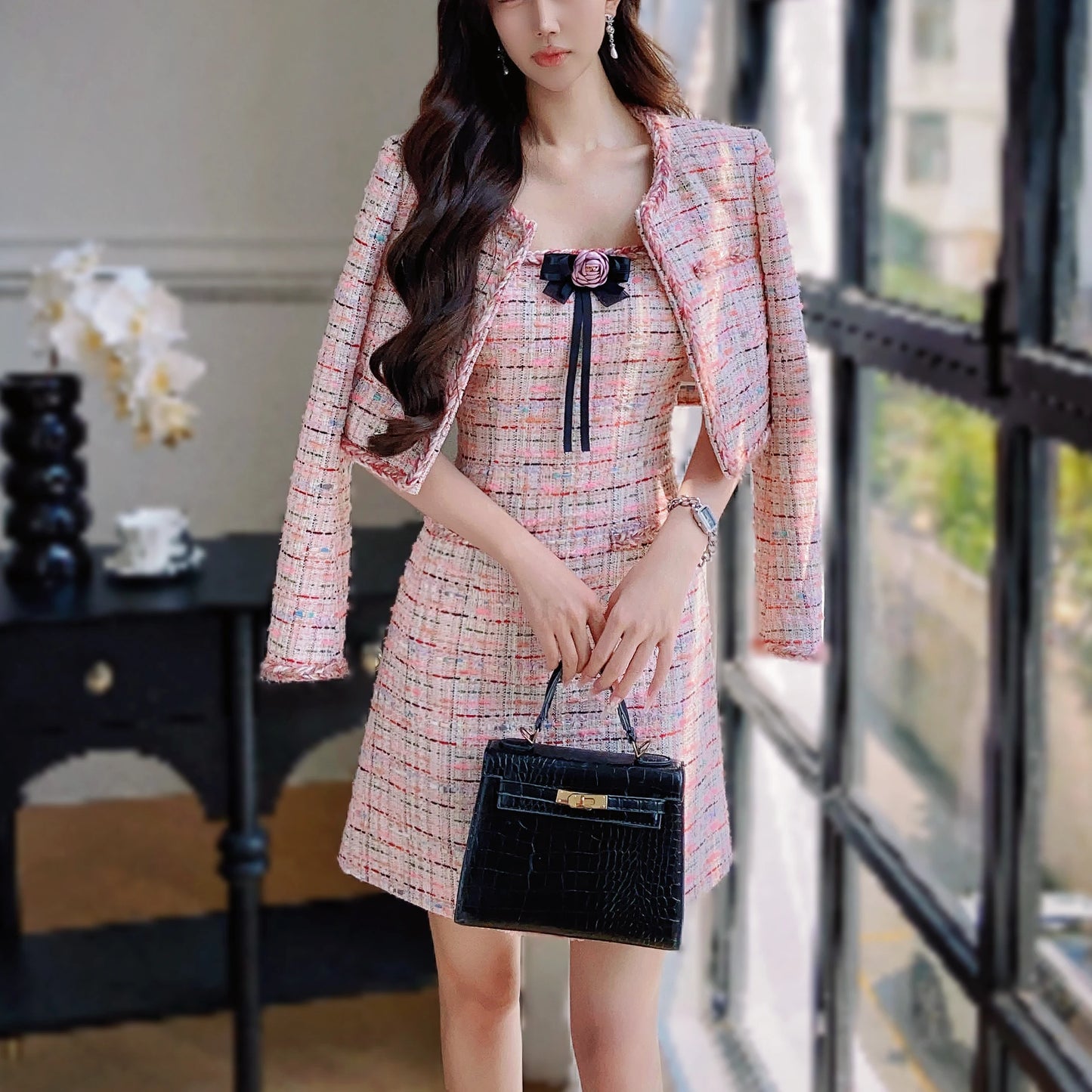 Dabuwawa Women's England Style Plaid A-Line Dress with Tassel, Button, and Patchwork Details – Autumn/Winter Collection