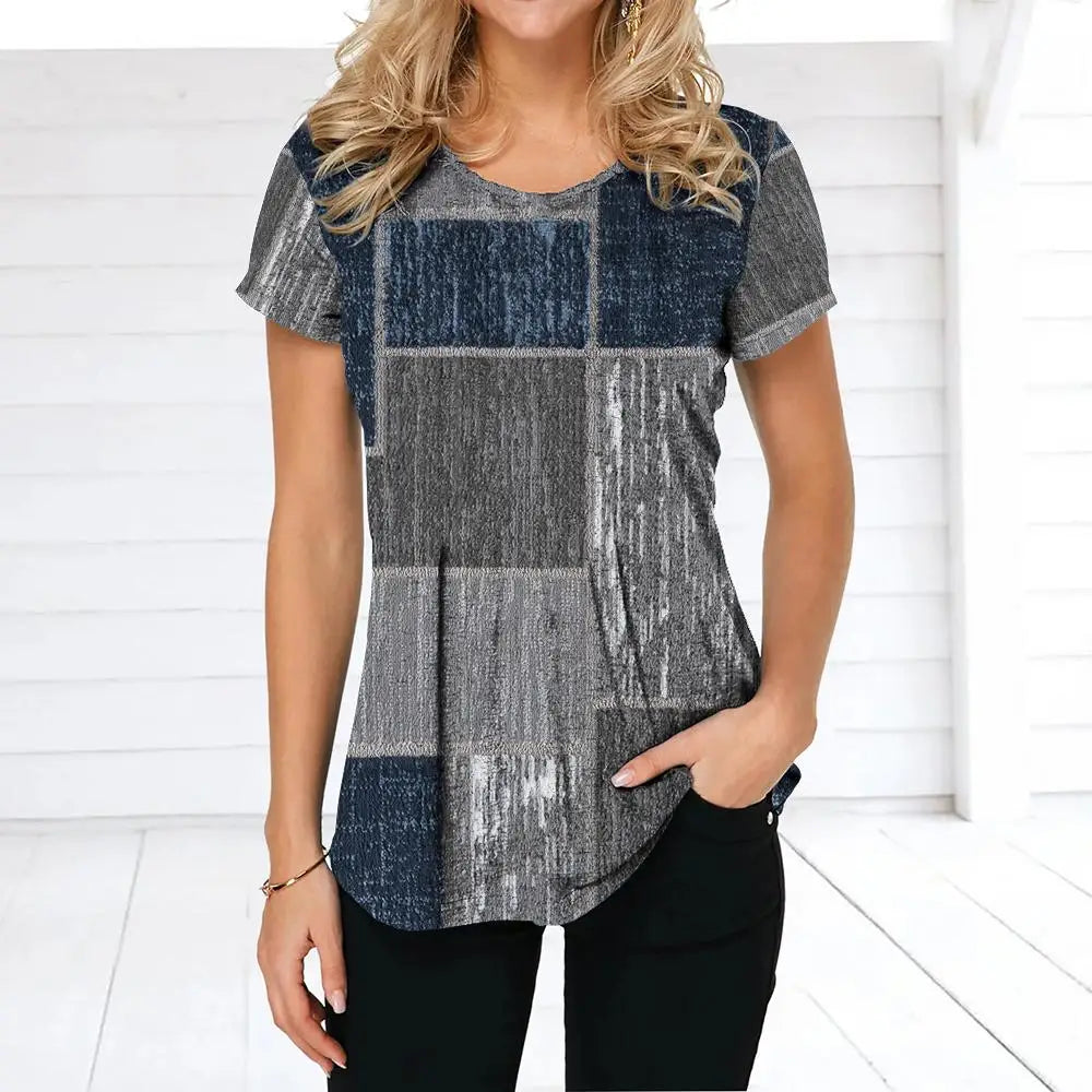 NoEnName_Null Women’s 3D Print Patchwork T-Shirt – Casual American Retro O-Neck Short Sleeve Top