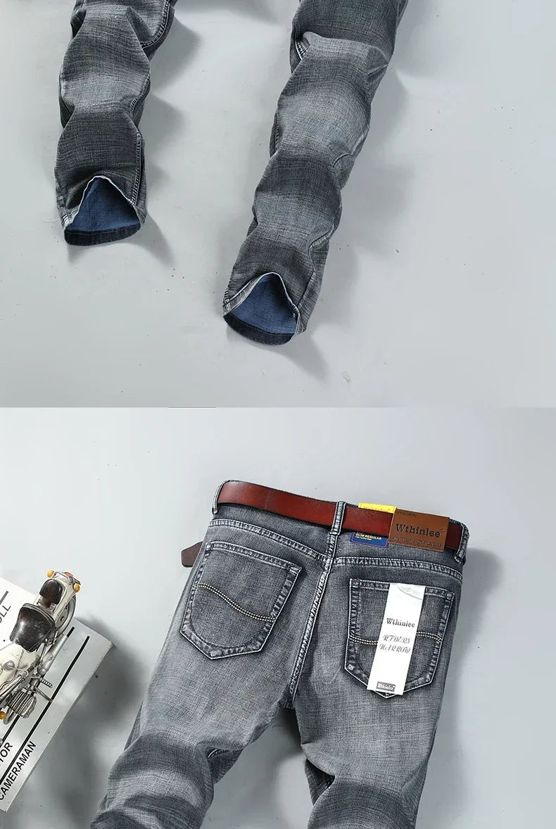 WTHINLEE Men's Smart Casual Mid-Waist Denim Jeans - Straight Fit, Full-Length, Midweight