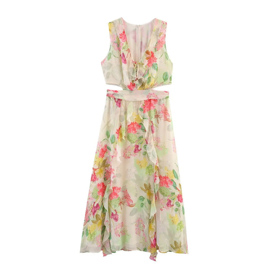 Women's Sleeveless V-Neck Summer Dress – Knee-Length A-Line Beach Style | High Stretch Polyester | NoEnName_Null