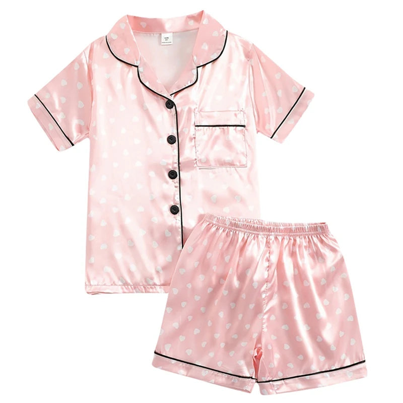 NoEnName_Null Girls' Satin V-Neck Print Sleepwear - Comfortable Summer Pajamas