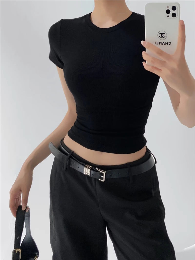 STVY Women's Slim Fit Solid Knit Tee with O-Neck - High Street Spring/Summer Top