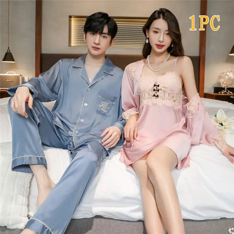 Men Women High Quality Satin Couple Pajamas Gown Set Sexy Hollowout Lace  Spaghetti Straps V-Neck Long Sleeves Pants Loungewear
