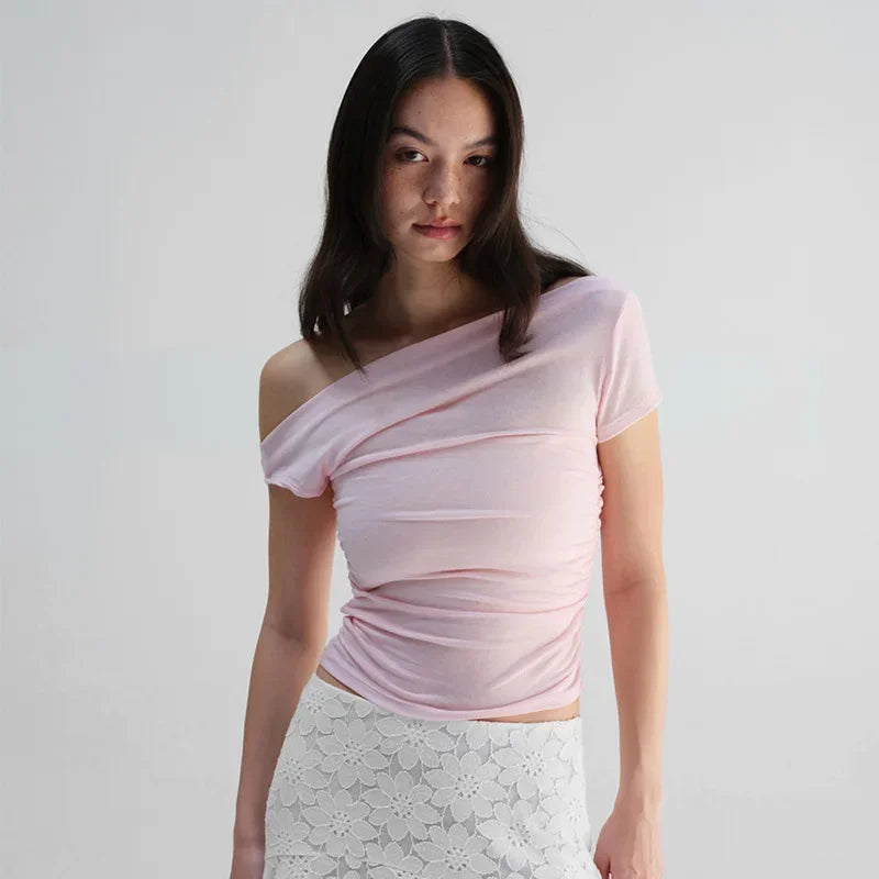 Vamos Todos Y2K Asymmetrical Skew Collar Slim Fit Tee for Women – Streetwear Summer Top