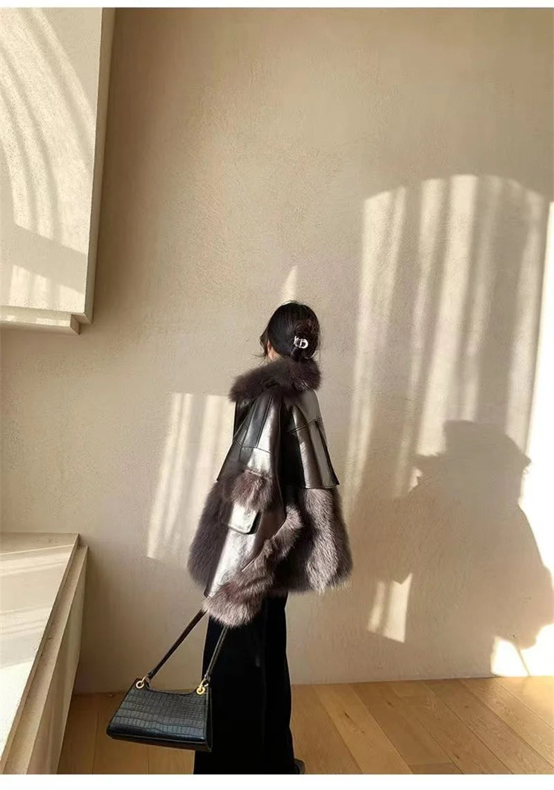 MEILUOYAFAN Women's Winter Office Lady Loose Fit Patchwork Jacket with Button & Pockets – Single Breasted, Turn-Down Collar