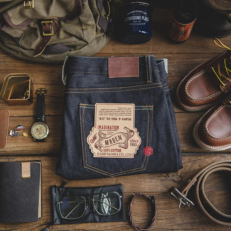 MADEN Men’s Safari Style Slim Fit Straight-Leg Denim Jeans - Embroidered, Vintage-Inspired with Raw Denim Finish