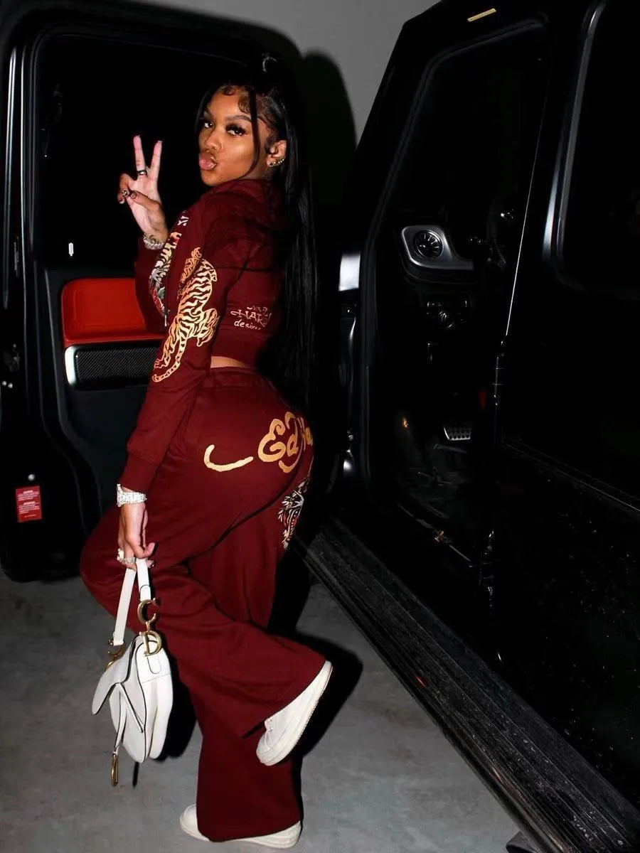 Kontturi Streetwear Women's Autumn/Winter Hooded Zip-Up Set with Ankle-Length Pants