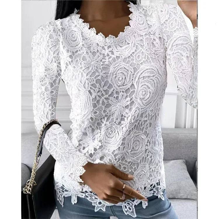 Women's Lace-Decorated Casual Tee – Spring/Summer Regular Fit Top by NoEnName_Null