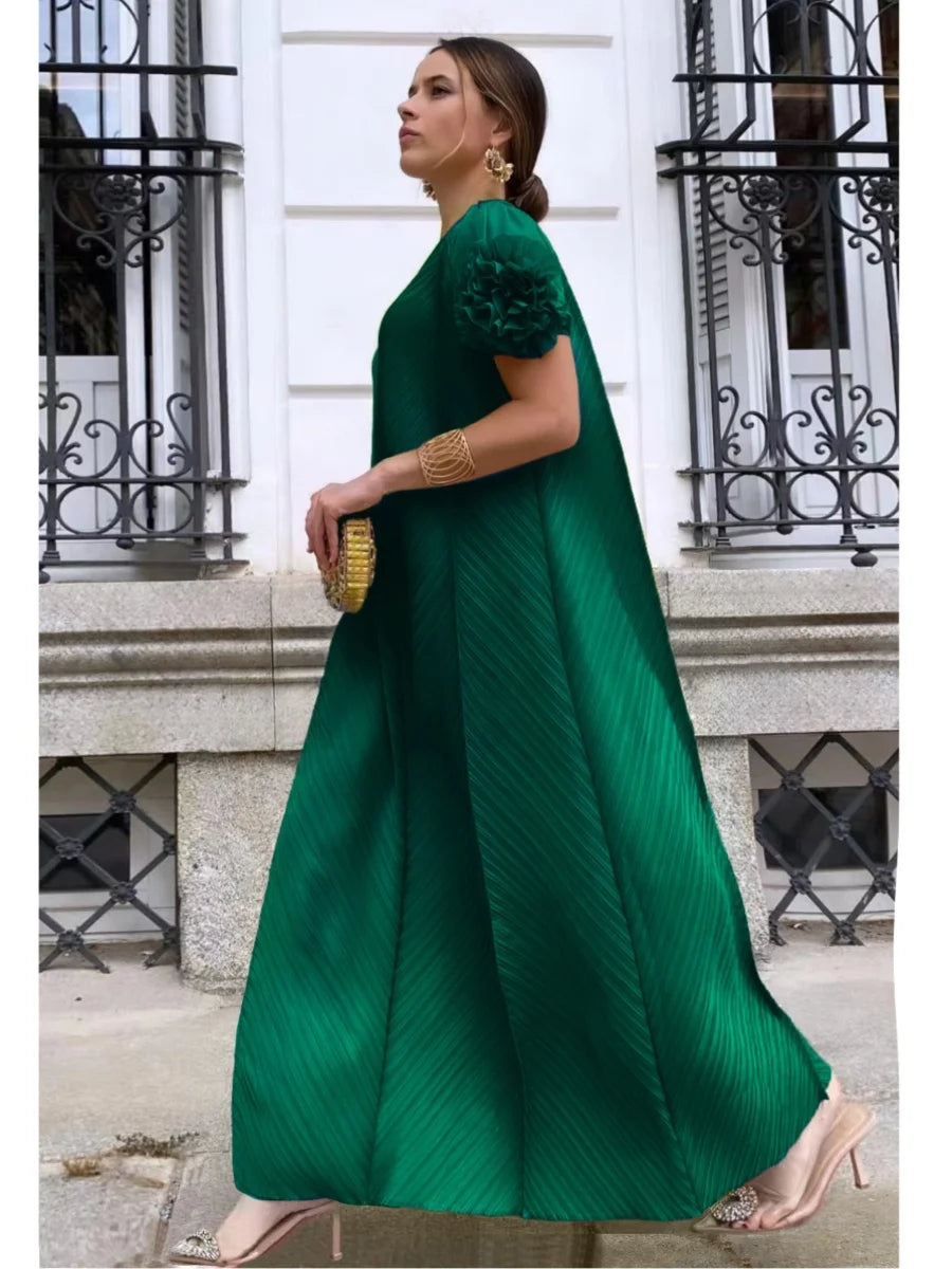 NoEnName_Null Women’s Asymmetrical Neckline A-Line Pleated Long Skirt Dress – Casual Retro Style, Mid-Calf Length