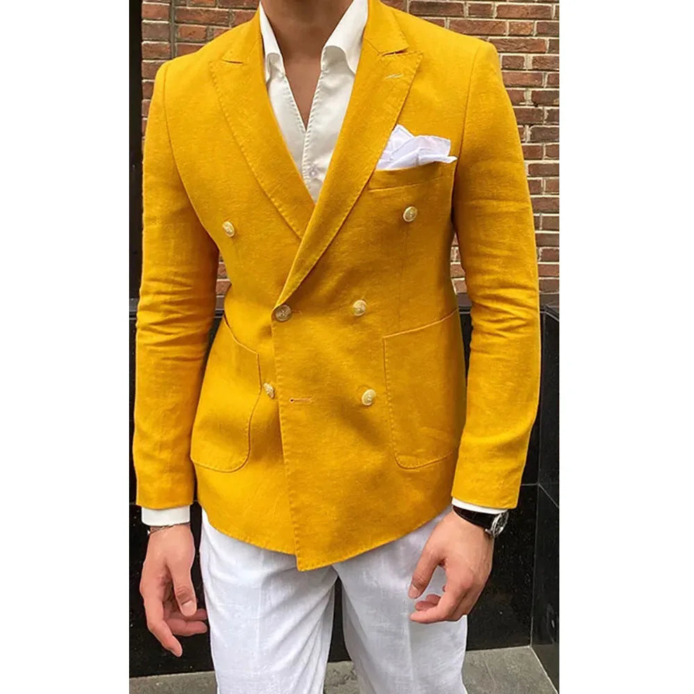 Casual Linen Double Breasted Peak Lapel Regular Length Slim Fit 2 Piece Jacket Pants Beach Tailor Full Set Chic Blazer for men