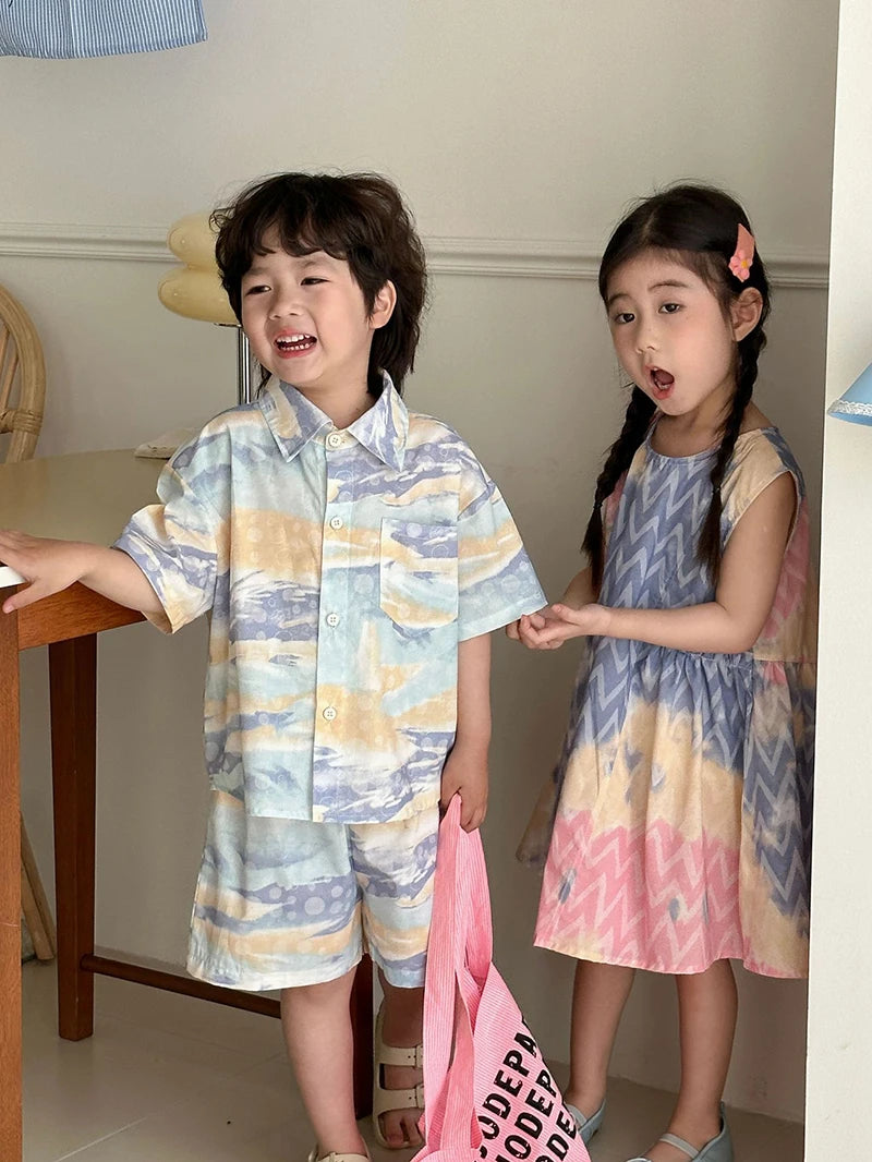 MILANCEL Unisex Summer Patchwork Clothing Set for Kids (Ages 4–6Y) – Cotton Shirt and Shorts Vacation Outfit