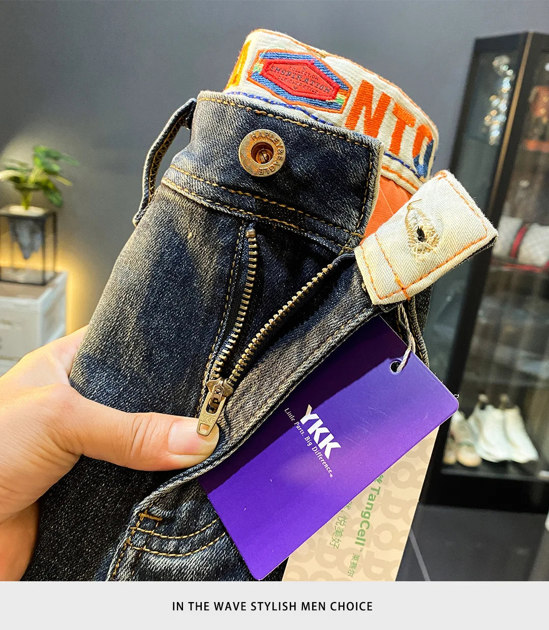 MXKSKV Men’s Slim Fit Straight-Leg Jeans. Distressed Stonewashed Denim with Badge Detail