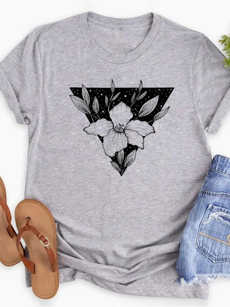 NoEnName_Null Casual Cartoon Print T-Shirt for Middle-Aged Women - Comfortable & Stylish for Summer