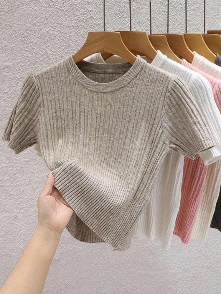 2025 Summer T shirts for Women Casual Korean Knit Streetwear Basic Solid Young Cool Tops