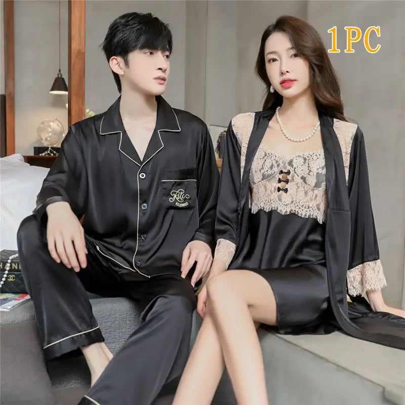Men Women High Quality Satin Couple Pajamas Gown Set Sexy Hollowout Lace  Spaghetti Straps V-Neck Long Sleeves Pants Loungewear
