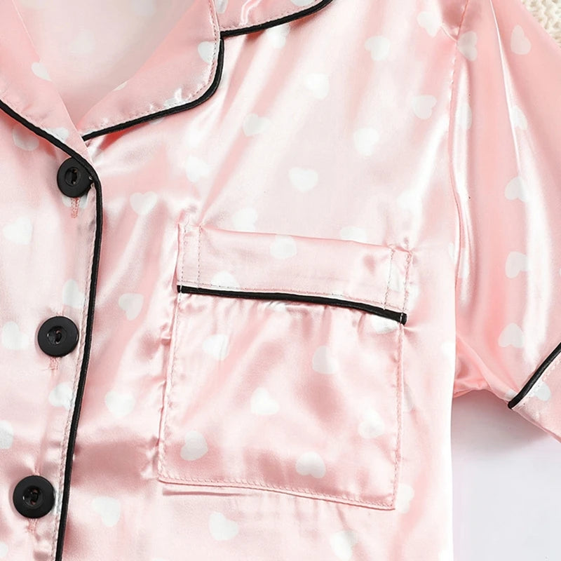 NoEnName_Null Girls' Satin V-Neck Print Sleepwear - Comfortable Summer Pajamas