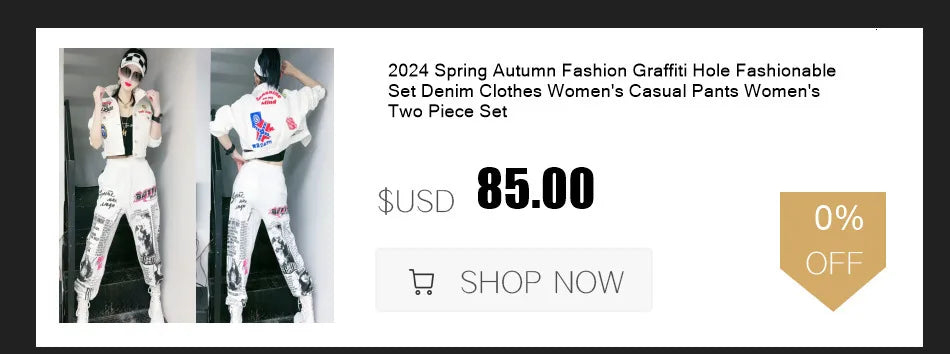 2024 Spring Autumn New Fashion Cool Personality Distressed Print Denim Set Women Loose Long Sleeved Jacket + Jeans